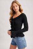 V-NECK RUFFLE TRIM RIBBED KNIT TOP