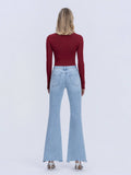 HIGH RISE DISTRESSED KNEE AND HEM EASY FLARE JEANS T7219