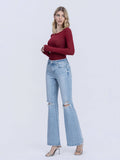 HIGH RISE DISTRESSED KNEE AND HEM EASY FLARE JEANS T7219