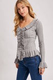 V-NECK RUFFLE TRIM RIBBED KNIT TOP