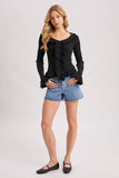 V-NECK RUFFLE TRIM RIBBED KNIT TOP