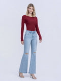HIGH RISE DISTRESSED KNEE AND HEM EASY FLARE JEANS T7219