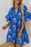 Blue Short Sleeve Loose Flower Dress