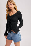 V-NECK RUFFLE TRIM RIBBED KNIT TOP