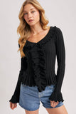 V-NECK RUFFLE TRIM RIBBED KNIT TOP