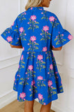 Blue Short Sleeve Loose Flower Dress