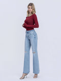 HIGH RISE DISTRESSED KNEE AND HEM EASY FLARE JEANS T7219