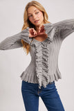 V-NECK RUFFLE TRIM RIBBED KNIT TOP
