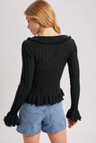 V-NECK RUFFLE TRIM RIBBED KNIT TOP