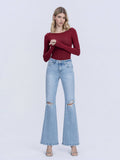HIGH RISE DISTRESSED KNEE AND HEM EASY FLARE JEANS T7219
