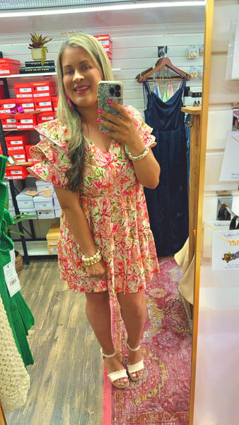 BOLD RUFFLED SLEEVES FLORAL DRESS