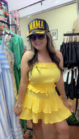 YELLOW STRAPLESS GAUZE DRESS