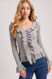 V-NECK RUFFLE TRIM RIBBED KNIT TOP