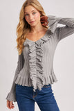 V-NECK RUFFLE TRIM RIBBED KNIT TOP
