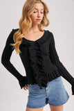 V-NECK RUFFLE TRIM RIBBED KNIT TOP