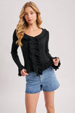 V-NECK RUFFLE TRIM RIBBED KNIT TOP