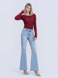 HIGH RISE DISTRESSED KNEE AND HEM EASY FLARE JEANS T7219
