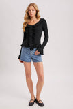 V-NECK RUFFLE TRIM RIBBED KNIT TOP