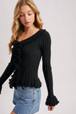 V-NECK RUFFLE TRIM RIBBED KNIT TOP