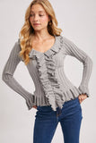 V-NECK RUFFLE TRIM RIBBED KNIT TOP