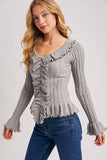 V-NECK RUFFLE TRIM RIBBED KNIT TOP