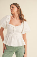 WHITE PEPLUM TOP RUFFLE TRIM