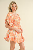 ORANGE FLORAL PRINT BUBBLE SLEEVE MINI DRESS