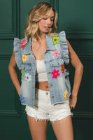 CROCHET FLOWER PATCHES RUFFLED ARM DENIM SLEEVELESS JACKET