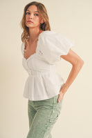 WHITE PEPLUM TOP RUFFLE TRIM