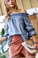 OFF THE SHOULDER RUFFLE SLEEVE DENIM TIE BACK TOP