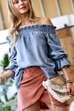 OFF THE SHOULDER RUFFLE SLEEVE DENIM TIE BACK TOP