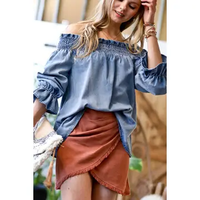 OFF THE SHOULDER RUFFLE SLEEVE DENIM TIE BACK TOP