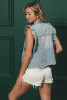 CROCHET FLOWER PATCHES RUFFLED ARM DENIM SLEEVELESS JACKET