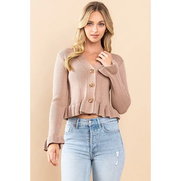 BEIGE BUTTON DOWN RUFFLE SWEATER