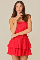 RED GAUZE STRAPLESS DRESS