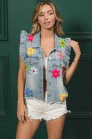 CROCHET FLOWER PATCHES RUFFLED ARM DENIM SLEEVELESS JACKET