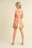 ORANGE FLORAL PRINT BUBBLE SLEEVE MINI DRESS