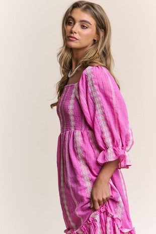 EMBROIDER PINK SMOCKED MAXI DRESS