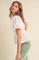 WHITE PEPLUM TOP RUFFLE TRIM