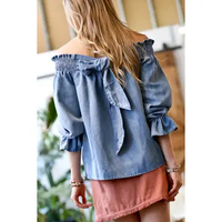 OFF THE SHOULDER RUFFLE SLEEVE DENIM TIE BACK TOP