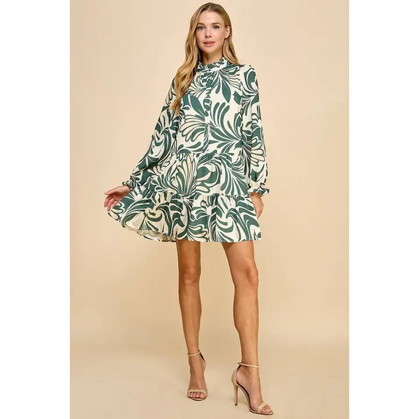 OLIVE PRINT LONG SLEEVE DRESS