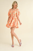 ORANGE FLORAL PRINT BUBBLE SLEEVE MINI DRESS