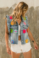 CROCHET FLOWER PATCHES RUFFLED ARM DENIM SLEEVELESS JACKET